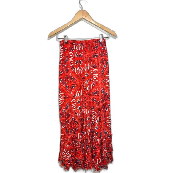 Free People Dresses & Skirts - Free People One Cyprus Ruffle Maxi Skirt Frayed Hem Patterned Size Medium red
